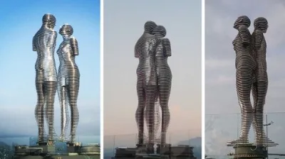 Әli və Ninonun sevgi hekayəsini qeyri-adi şəkildə ifadə edən kişi və qadın heykəlləri